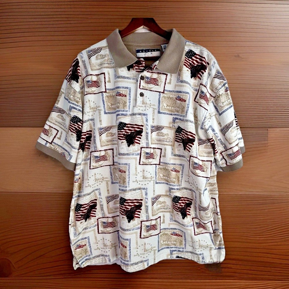Patriotic Polo Shirt XL‎ Flags Eagles 1976 Golf 100% Cotton Beige Retro Vintage